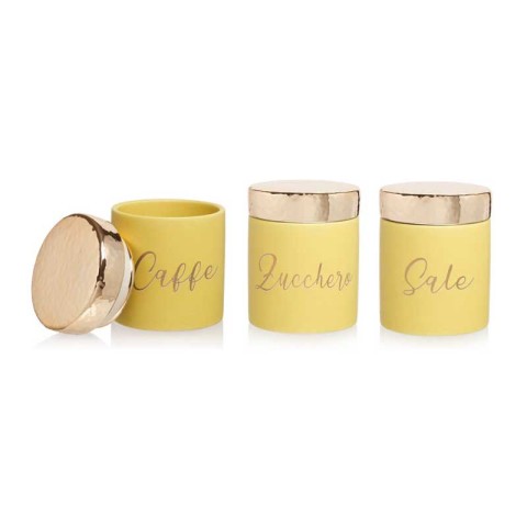 SET 3PZ BARATTOLO GIALLO CON TAPPO ORO SALE-ZUCCHERO-CAFFÈ D.11X13,5H CM
